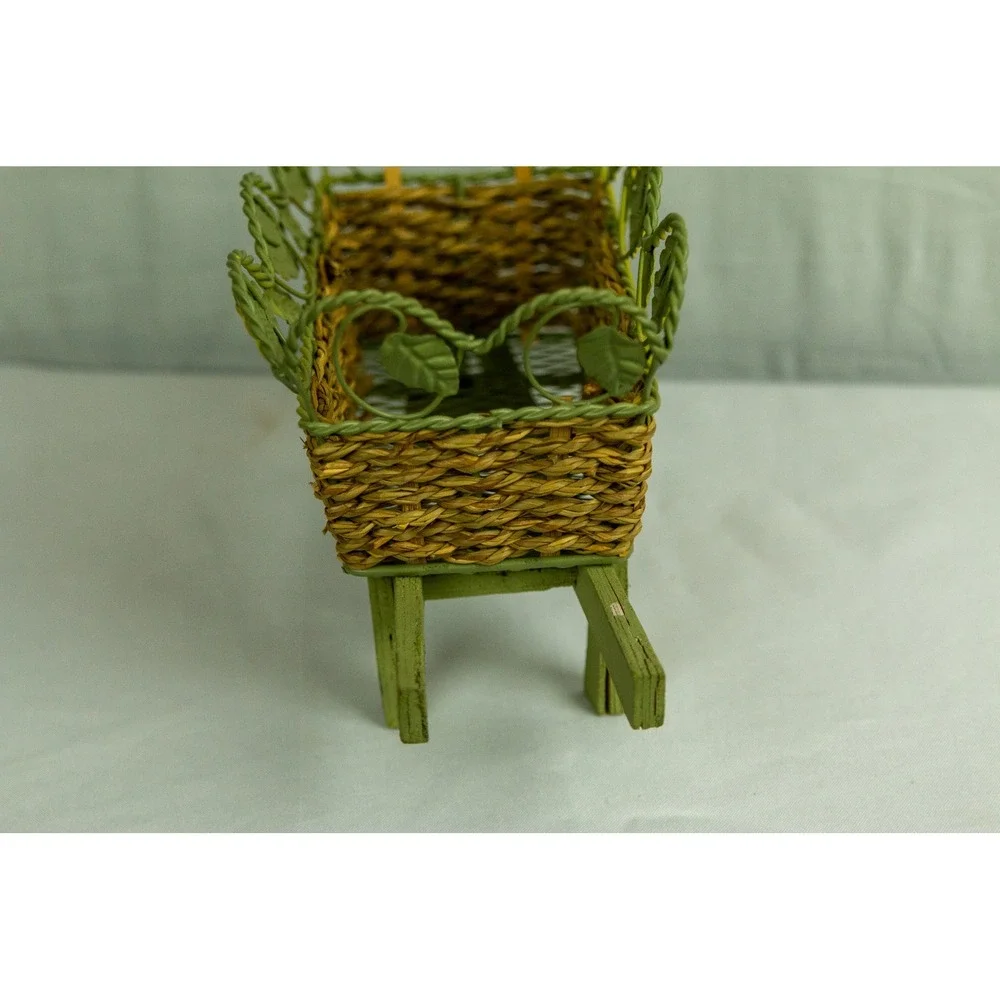 Vintage Style Wicker Wheelbarrow Planter Sunflower Metal Garden Decor Green